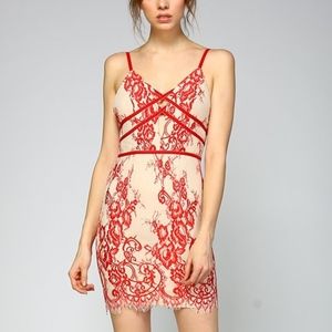 Red and Nude Lace Mini Dress